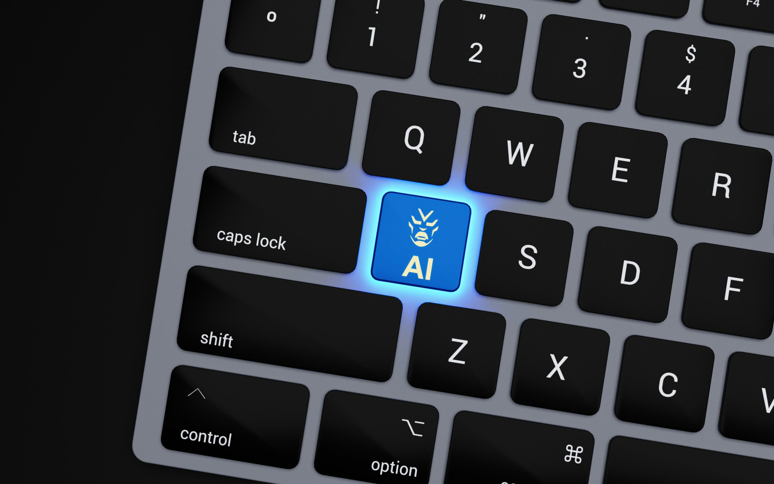 A-close-up-of-a-keyboard-with-a-blue-button
